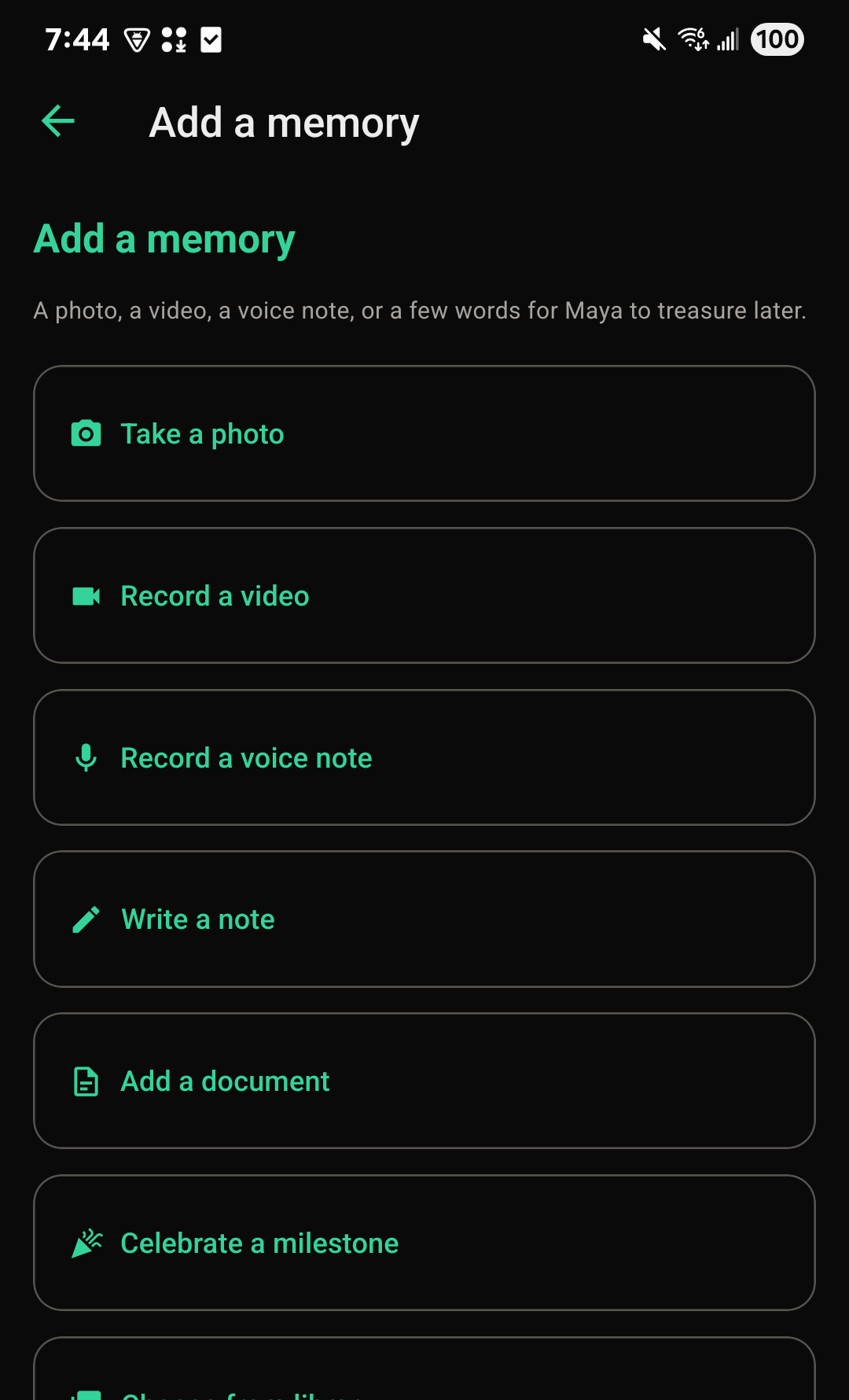The Add a memory screen on the FutureRoots app, showing choices for a photo, video, voice note, written note, document, or milestone.