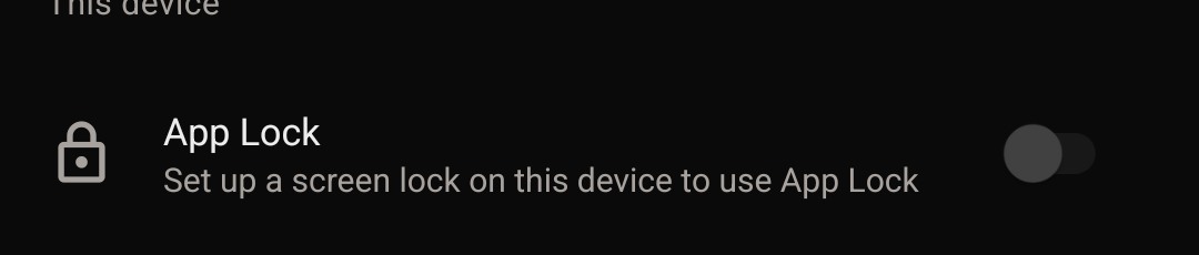 The App Lock row in Menu on the FutureRoots app. On a device with no screen lock set, it reads: Set up a screen lock on this device to use App Lock.