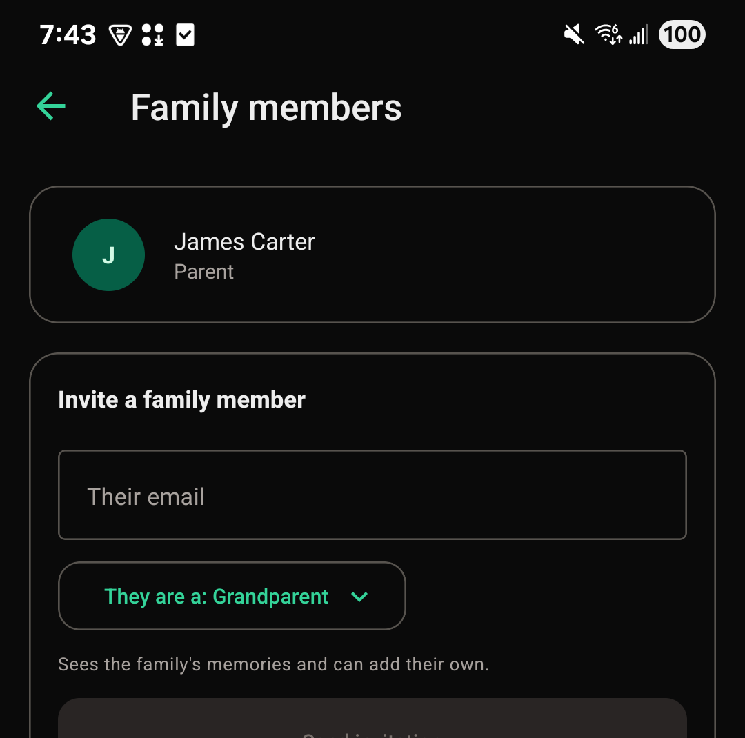 The Family members screen on the FutureRoots app, with an Invite a family member form and a role picker.