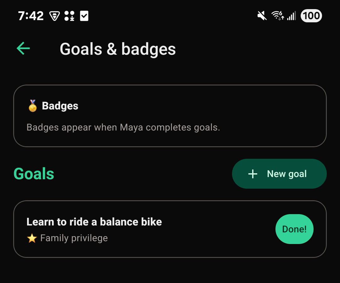 The Goals and badges screen on the FutureRoots app, with a Badges card and a New goal button.