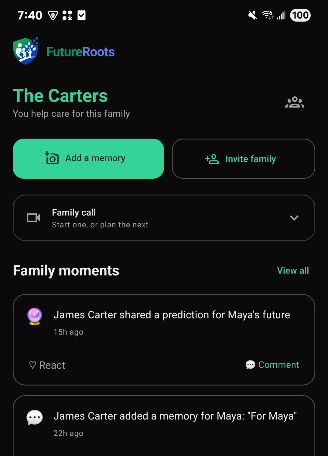 The Home screen on the FutureRoots mobile app, with Add a memory, Invite family, and Family moments.