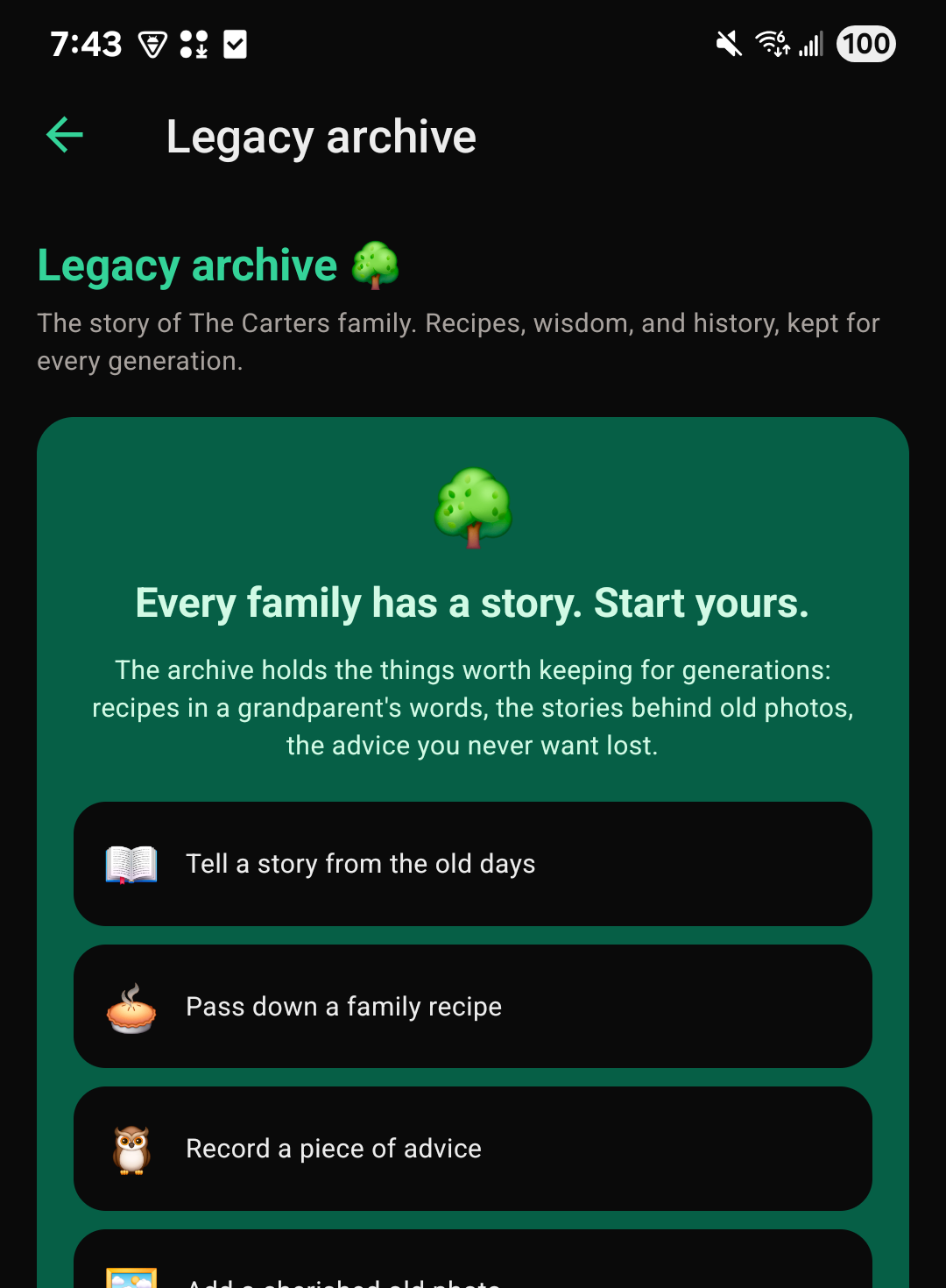The Legacy archive on the FutureRoots app, with five prompts: Tell a story from the old days, Pass down a family recipe, Record a piece of advice, Add a cherished old photo, Keep an important document safe.
