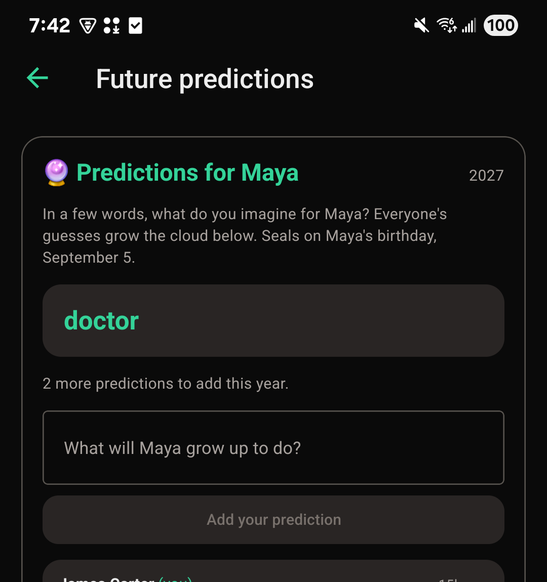 The Future predictions screen on the FutureRoots app, showing a prediction added for a child and a field for the next one.