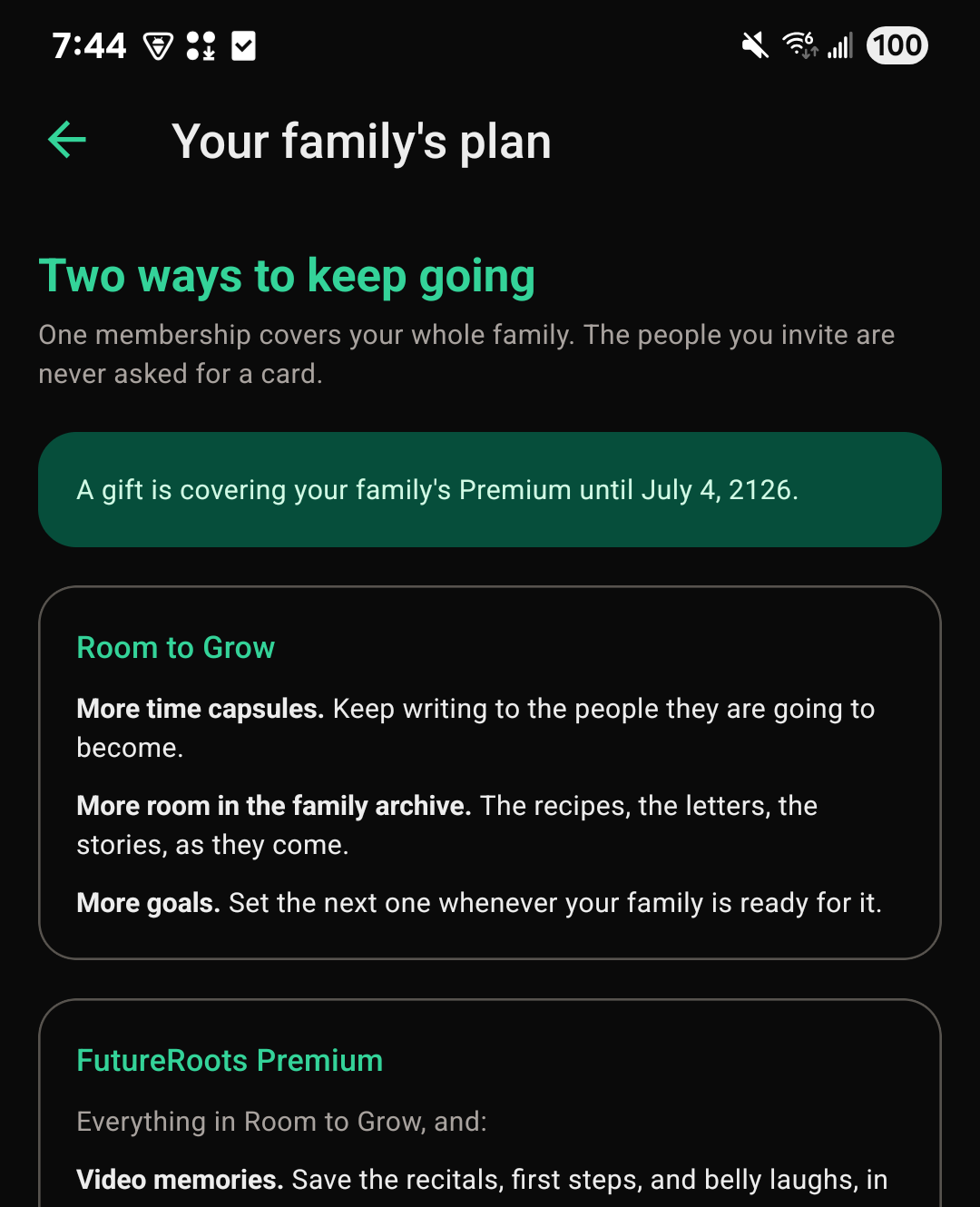 Your family's plan screen on the FutureRoots app, comparing Room to Grow and FutureRoots Premium.