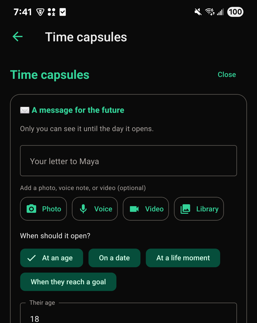 The time capsule composer on the FutureRoots app, with a letter field and When should it open? options: At an age, On a date, At a life moment, When they reach a goal.