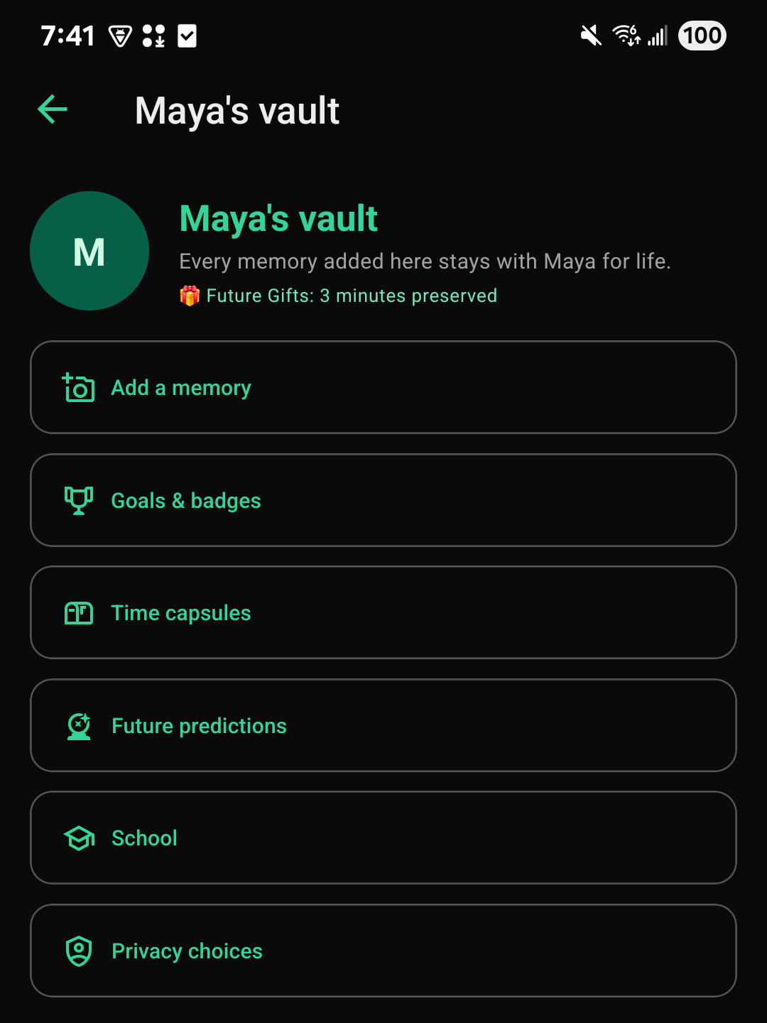 Maya's vault on the FutureRoots app, showing Add a memory, Goals and badges, Time capsules, Future predictions, School, and Privacy choices.