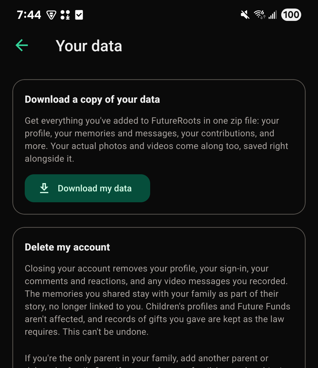 The Your data screen on the FutureRoots app, with Download my data and Delete my account.